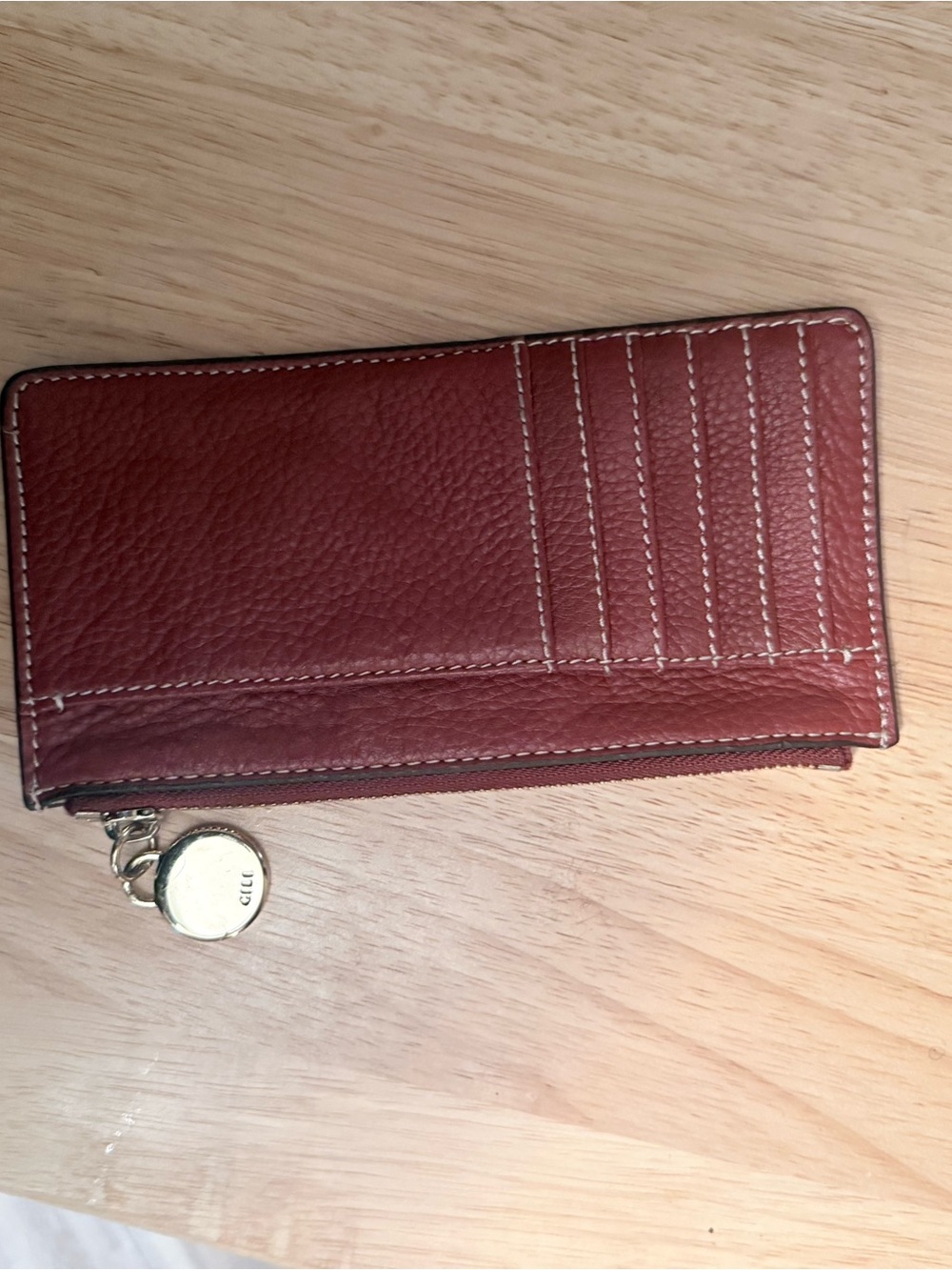 Leather Card Wallet with Zippered Coin Pocket - Cognac/Red